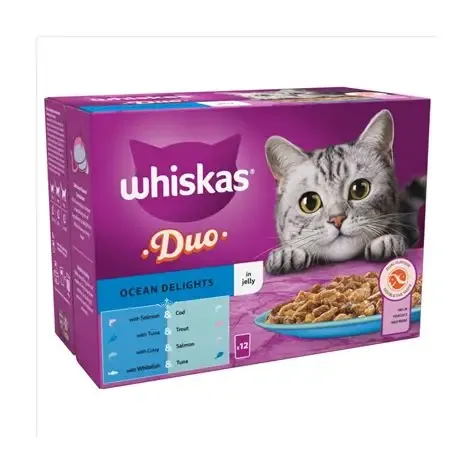 أكياس طعام القطط Whiskas 1+ المزدوجة بنكهة المحيط في الجيلي (12 × 85 غرام)