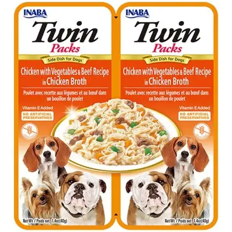 Twin wet food chicken with vegetables and beef in chicken broth for dogs